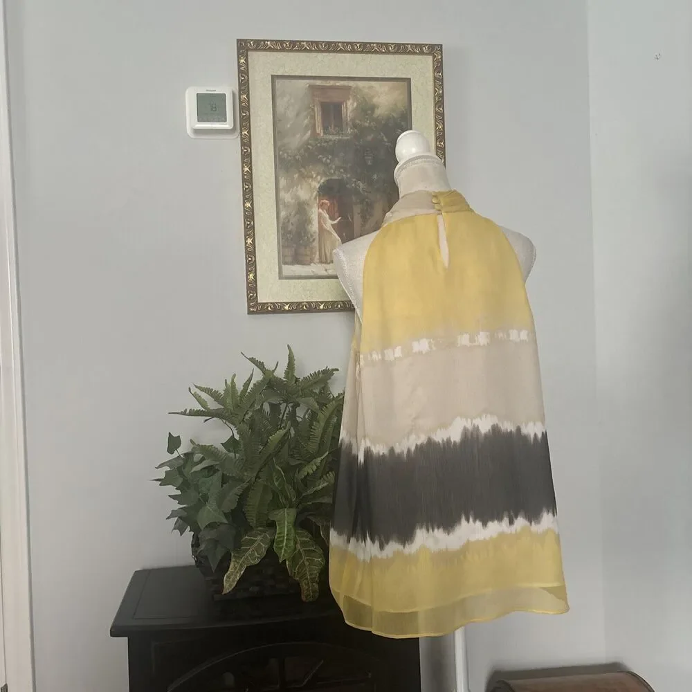 Style & Co. Yellow Cream and Gray Striped Tie-Neck Halter Blouse